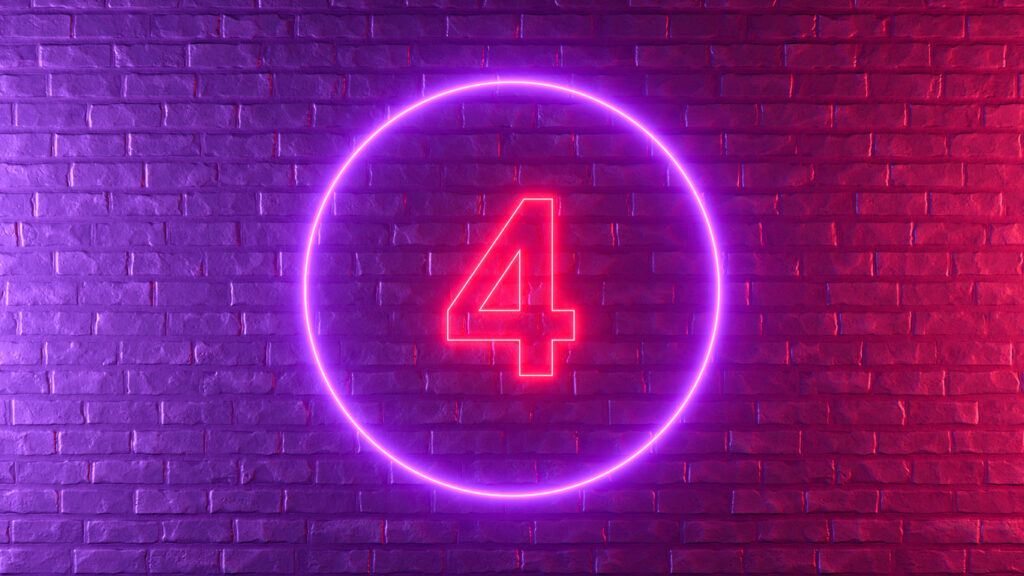 What is a 4 on 4 off shift pattern hero - a pink and purple neon sign depicting a number 4 mounted on an exposed brick wall.