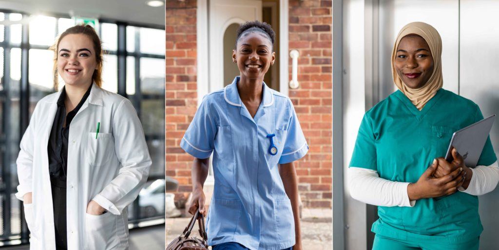 Collage of three different medical professionals in a row dressed in their uniforms in the North East of England NHS trust. They are doing different jobs, looking at the camera smiling.